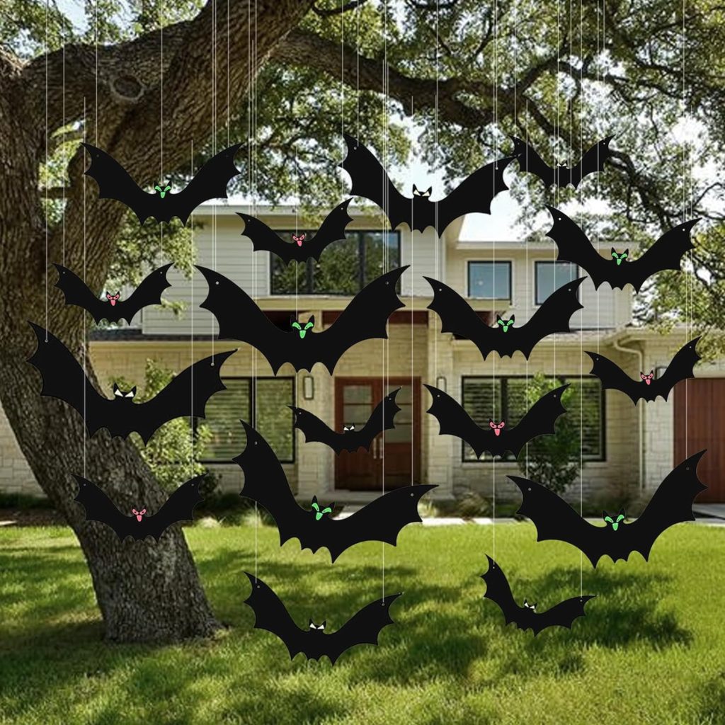 15 Pcs Hanging Bats Halloween Decoration Outdoor, Large Scary Fake Black Hanging Flying Bat Spooky Decor for Halloween Yard Sign Outside Indoor Party Supplies Wall Decals (3 Sizes)