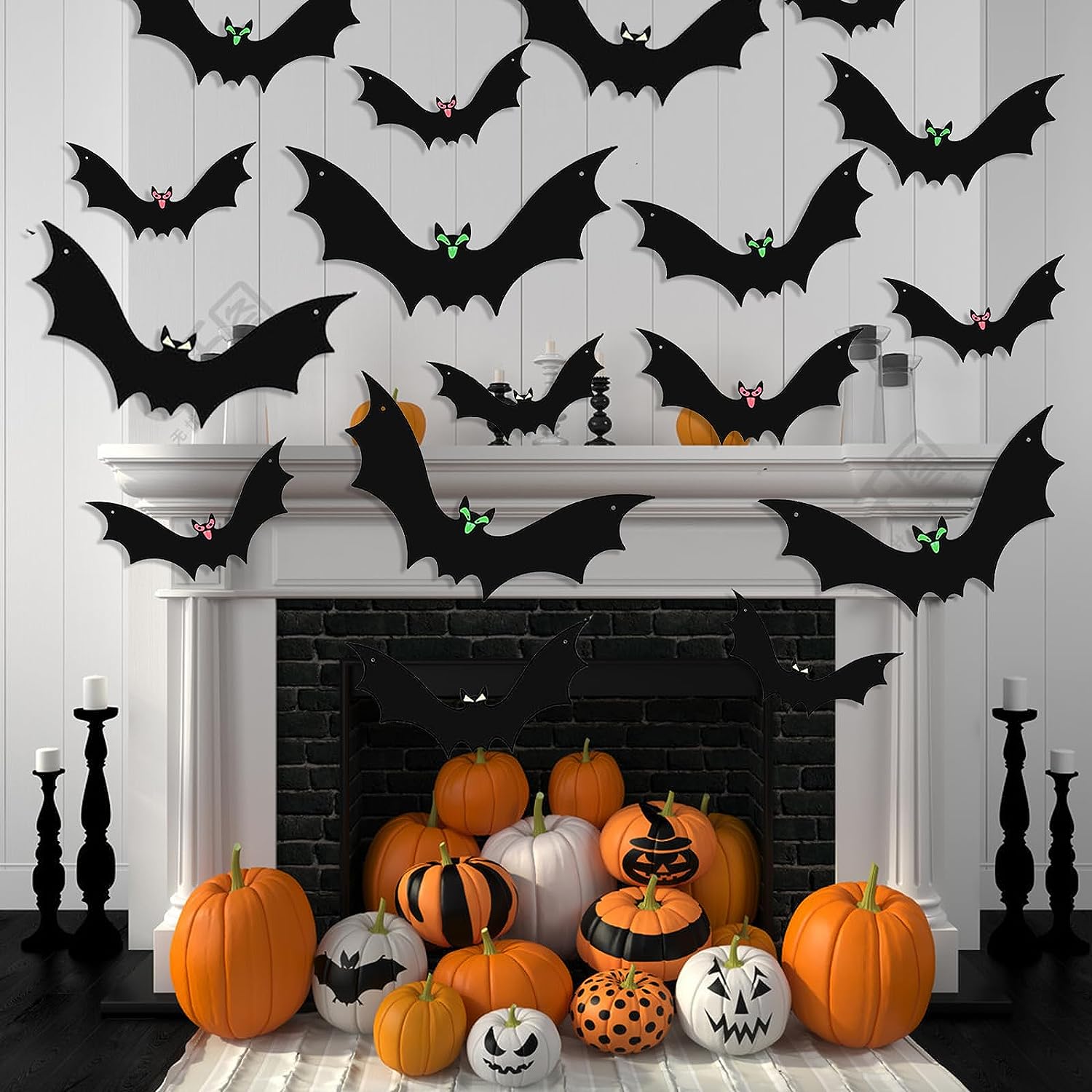 15 Pcs Hanging Bats Halloween Decoration Outdoor, Large Scary Fake Black Hanging Flying Bat Spooky Decor for Halloween Yard Sign Outside Indoor Party Supplies Wall Decals (3 Sizes)