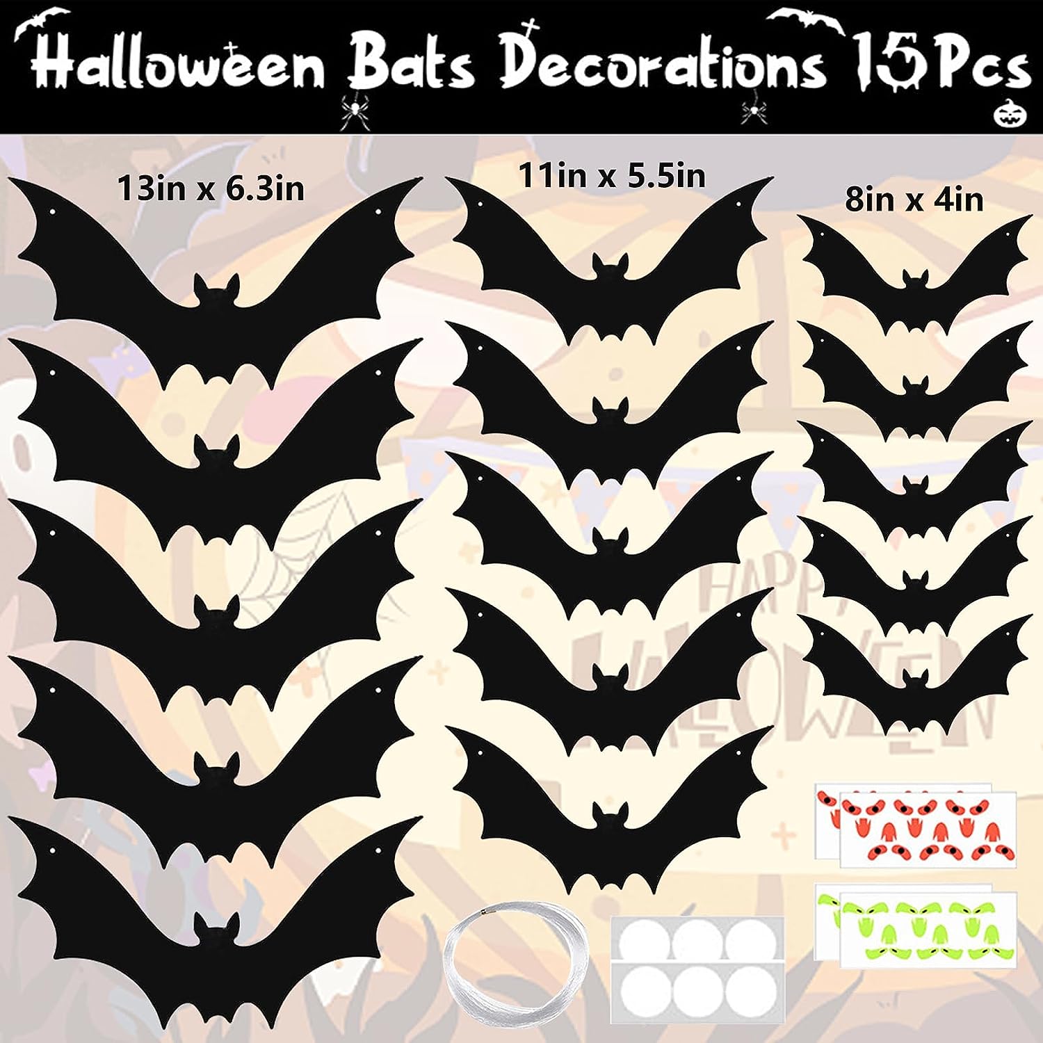 15 Pcs Hanging Bats Halloween Decoration Outdoor, Large Scary Fake Black Hanging Flying Bat Spooky Decor for Halloween Yard Sign Outside Indoor Party Supplies Wall Decals (3 Sizes)