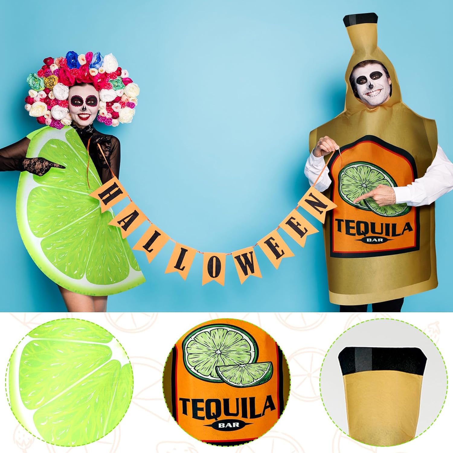 2 Pcs Couples Halloween Costumes for Adults Tequila Bottle and Lime Slice Couples Costume Drink Suit Outfits