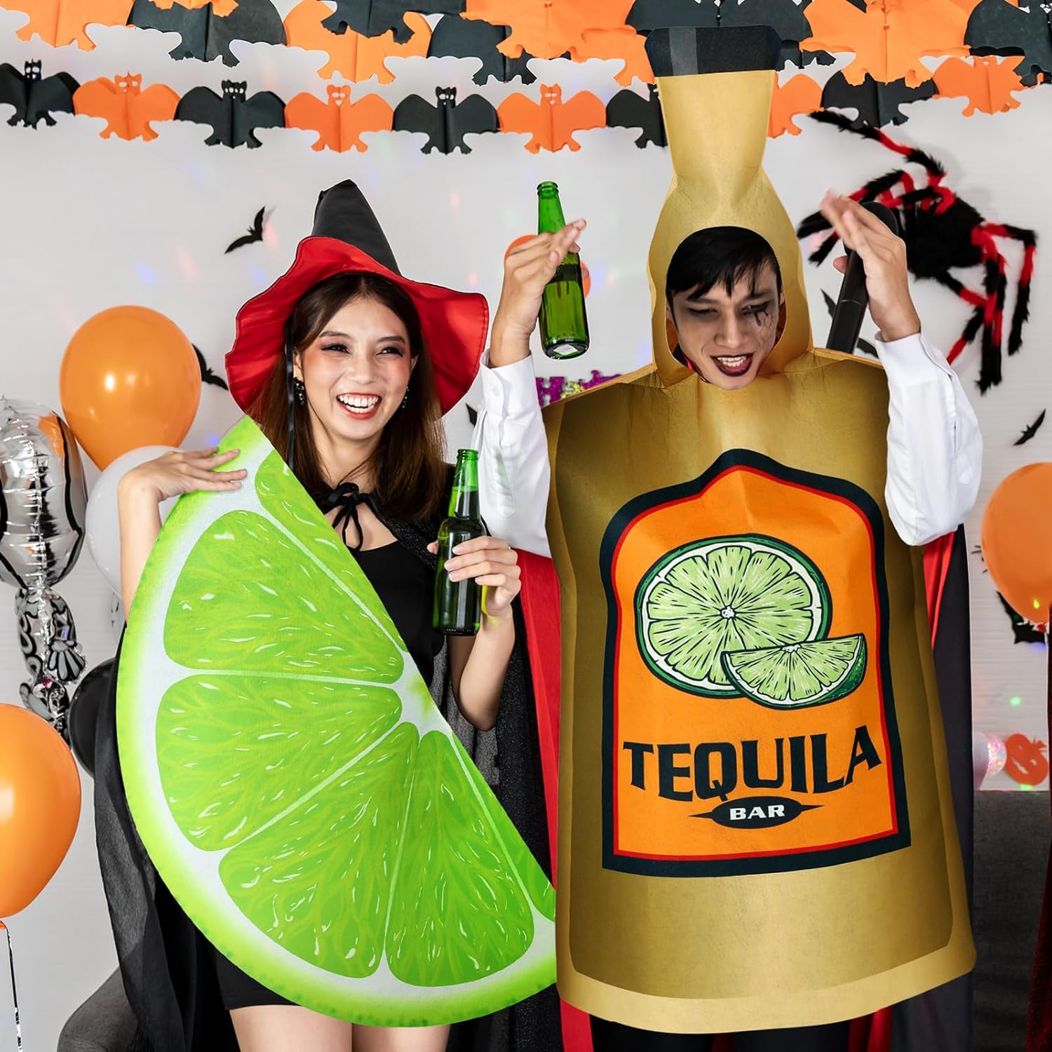 2 Pcs Couples Halloween Costumes for Adults Tequila Bottle and Lime Slice Couples Costume Drink Suit Outfits