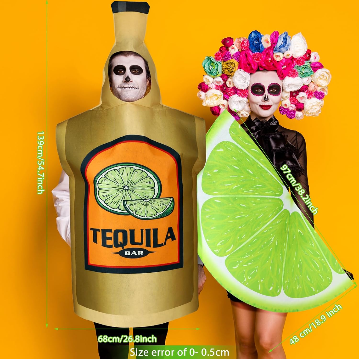 2 Pcs Couples Halloween Costumes for Adults Tequila Bottle and Lime Slice Couples Costume Drink Suit Outfits