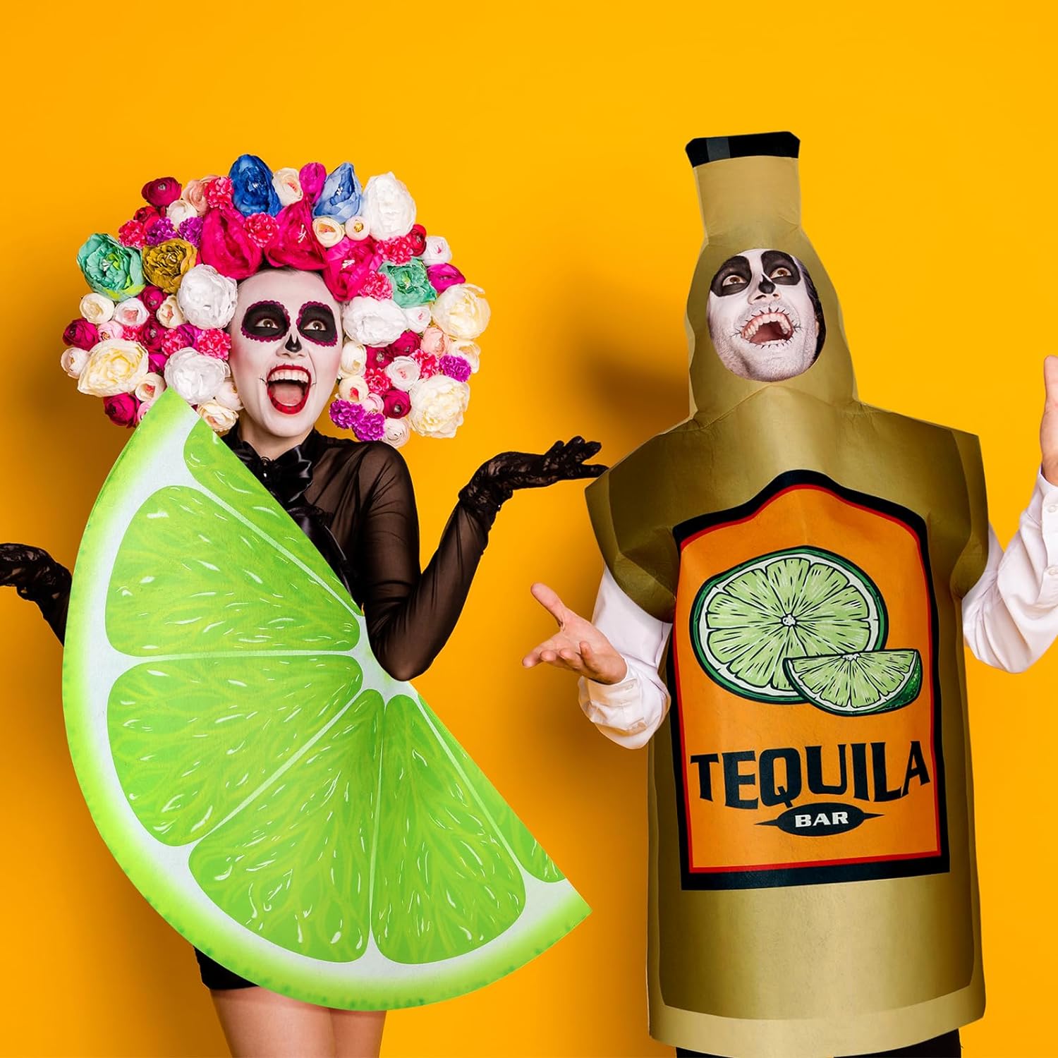 2 Pcs Couples Halloween Costumes for Adults Tequila Bottle and Lime Slice Couples Costume Drink Suit Outfits