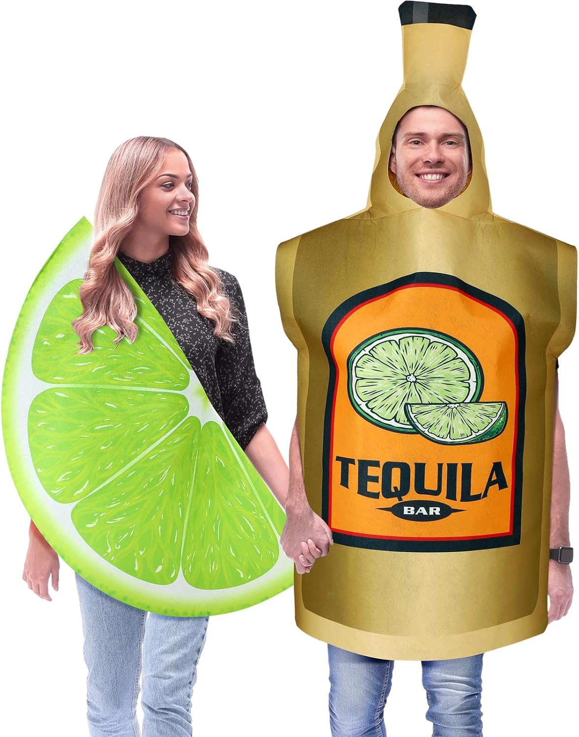 2 Pcs Couples Halloween Costumes for Adults Tequila Bottle and Lime Slice Couples Costume Drink Suit Outfits