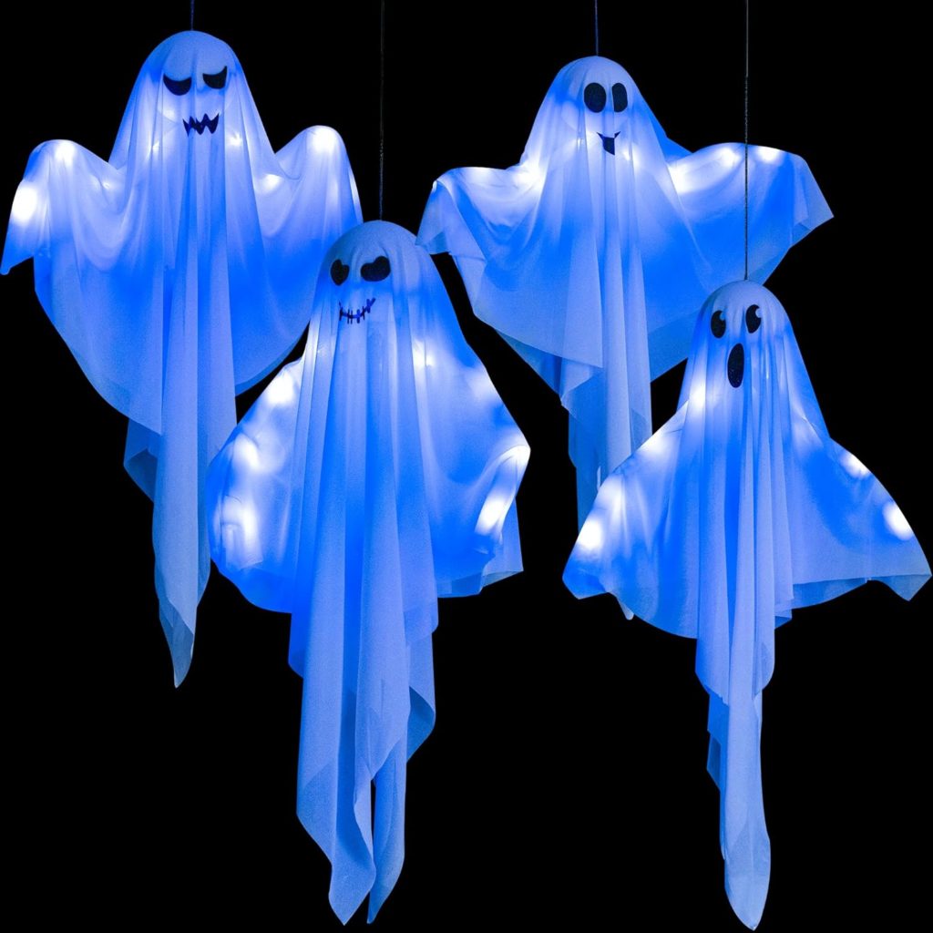 4 Pack Halloween Hanging Ghosts, 27.5 Light-up Cute Flying Ghost Decorations for Front Yard Patio Lawn Garden Party Décor and Holiday Decorations