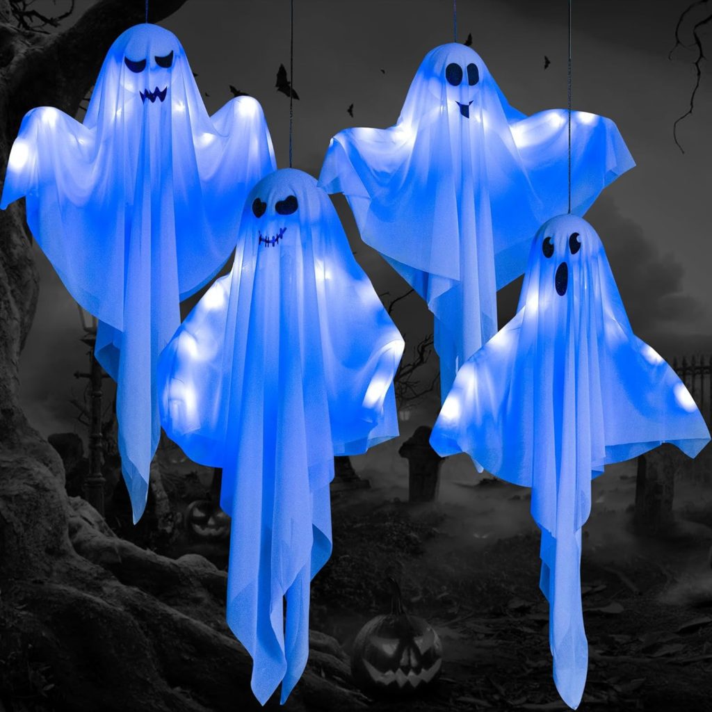 4 Pack Halloween Hanging Ghosts, 27.5 Light-up Cute Flying Ghost Decorations for Front Yard Patio Lawn Garden Party Décor and Holiday Decorations