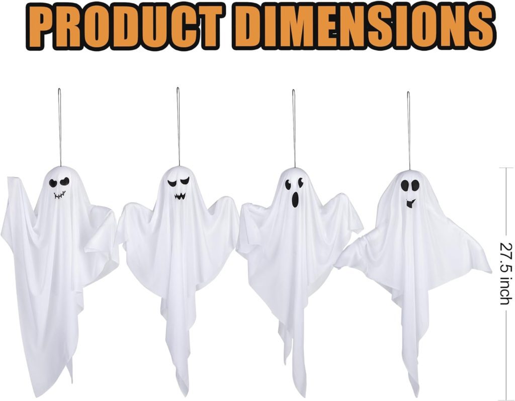 4 Pack Halloween Hanging Ghosts, 27.5 Light-up Cute Flying Ghost Decorations for Front Yard Patio Lawn Garden Party Décor and Holiday Decorations