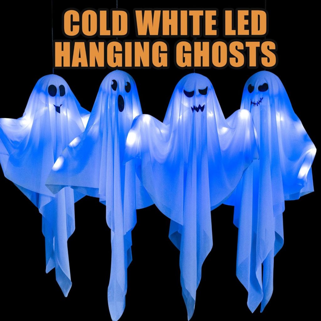 4 Pack Halloween Hanging Ghosts, 27.5 Light-up Cute Flying Ghost Decorations for Front Yard Patio Lawn Garden Party Décor and Holiday Decorations