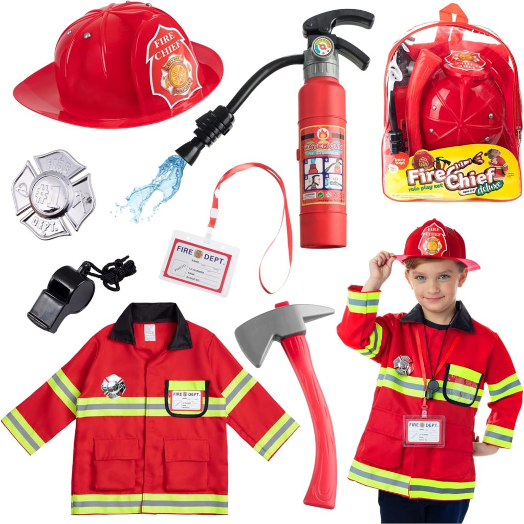 Born Toys 8 PC Premium Washable Kids Fireman Costume Toy for Kids,Boys,Girls,Toddlers, and Children with Complete Firefighter Accessories