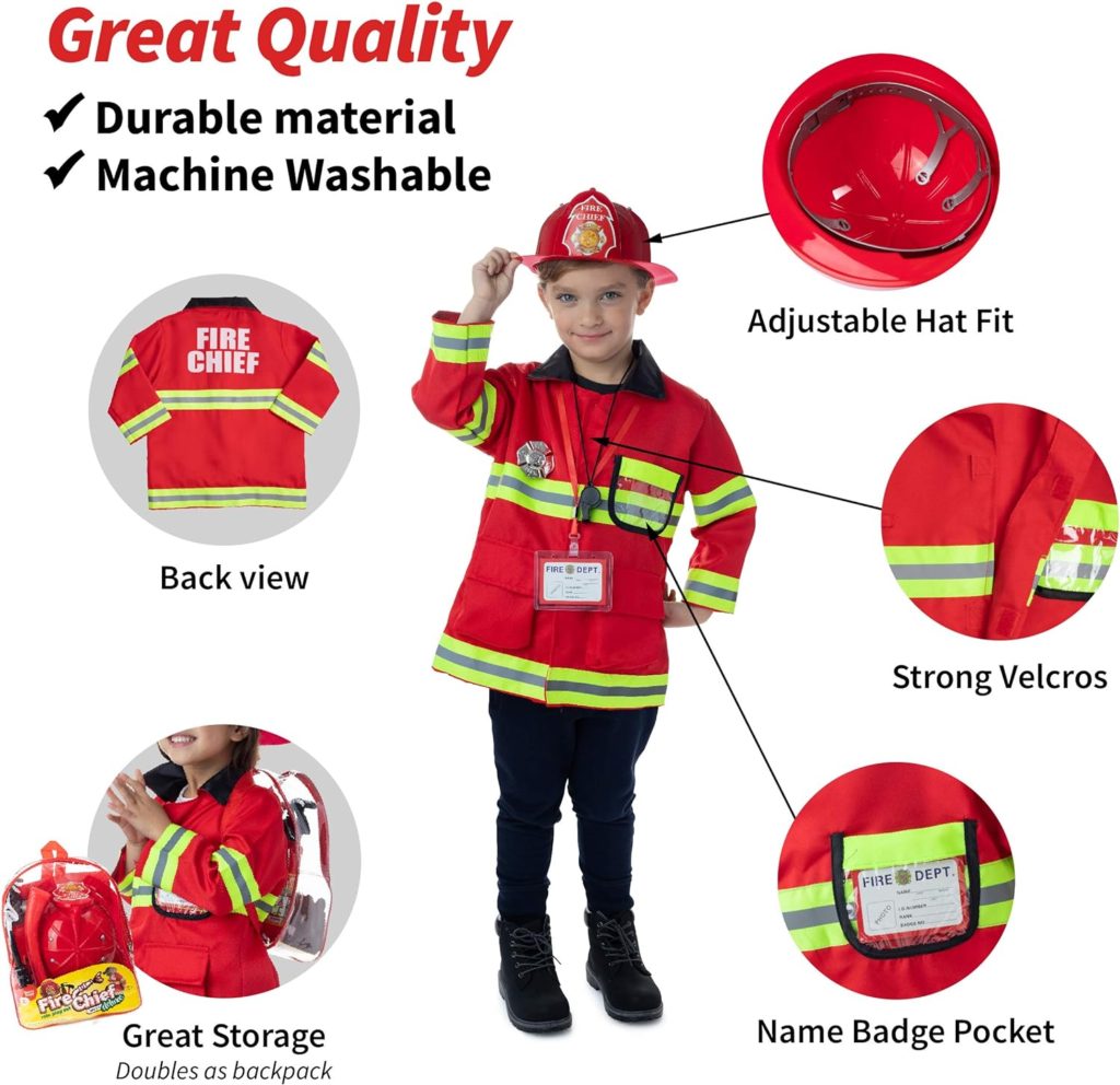 Born Toys 8 PC Premium Washable Kids Fireman Costume Toy for Kids,Boys,Girls,Toddlers, and Children with Complete Firefighter Accessories