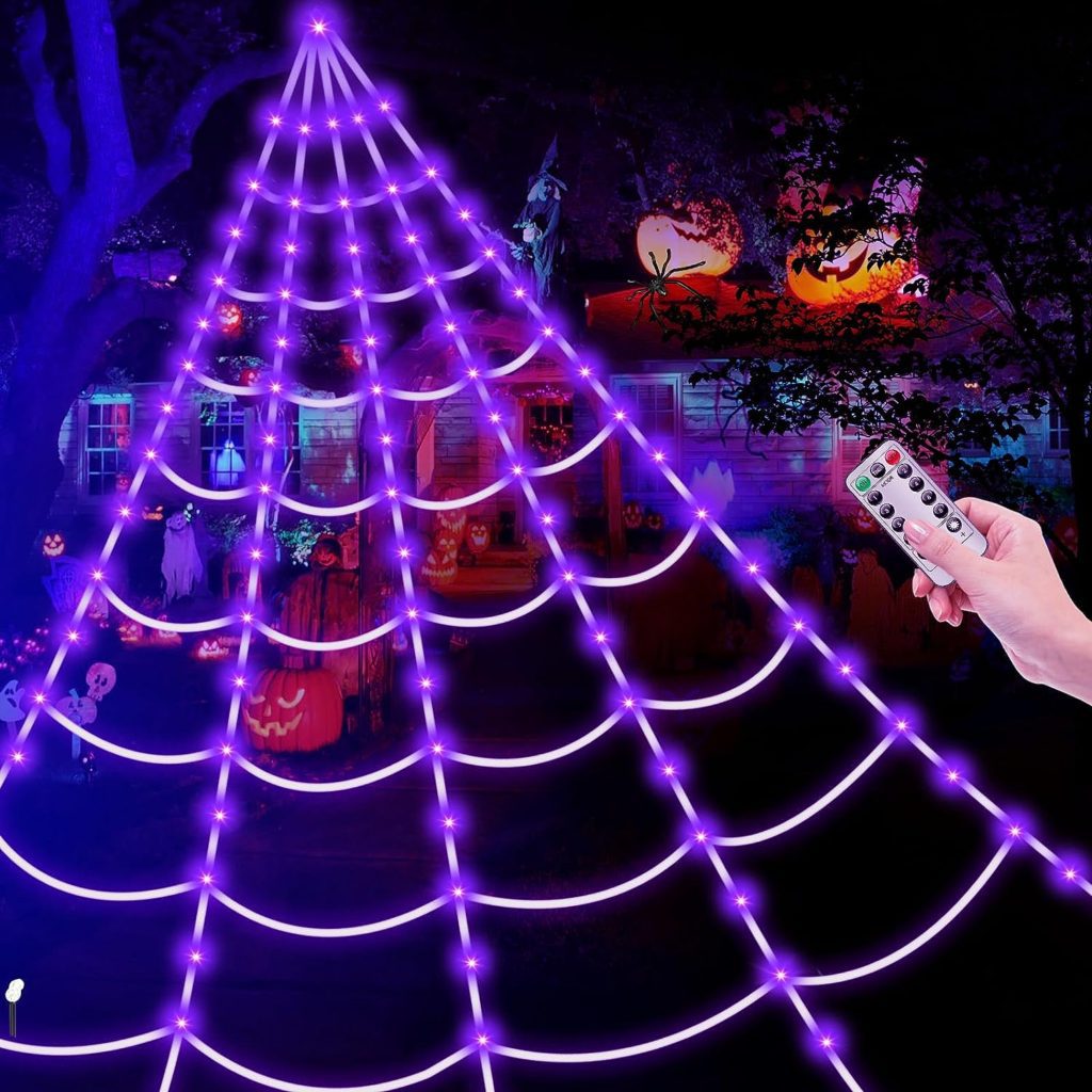 Brighter Spider Webs Halloween Decorations Lights,2023 Upgrade 250 Purple LED Light Up,8 Modes 16.4Ft Giant Spiderweb with Remote Control,Halloween Decor for Yard Outside