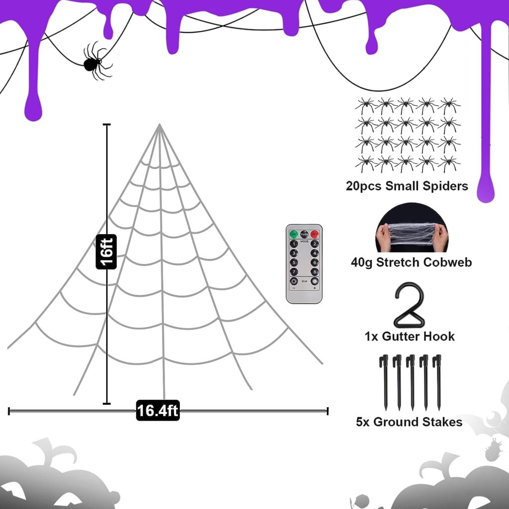 Brighter Spider Webs Halloween Decorations Lights,2023 Upgrade 250 Purple LED Light Up,8 Modes 16.4Ft Giant Spiderweb with Remote Control,Halloween Decor for Yard Outside