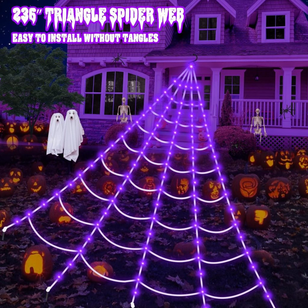 Brighter Spider Webs Halloween Decorations Lights,2023 Upgrade 250 Purple LED Light Up,8 Modes 16.4Ft Giant Spiderweb with Remote Control,Halloween Decor for Yard Outside