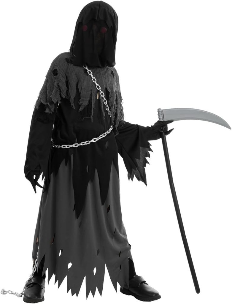 Child Unisex Glowing Eyes Grim Reaper Costume, Phantom Costume for Creepy Phantom Halloween Costume