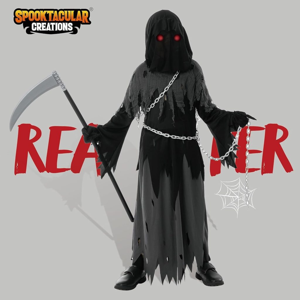 Child Unisex Glowing Eyes Grim Reaper Costume, Phantom Costume for Creepy Phantom Halloween Costume