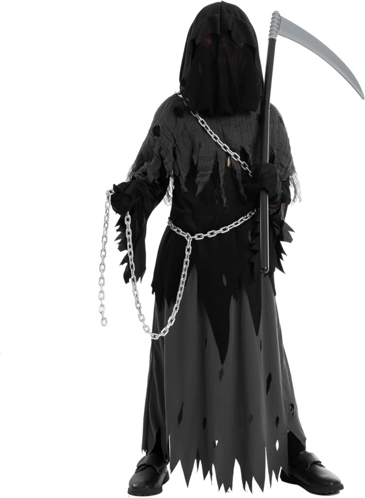 Child Unisex Glowing Eyes Grim Reaper Costume, Phantom Costume for Creepy Phantom Halloween Costume