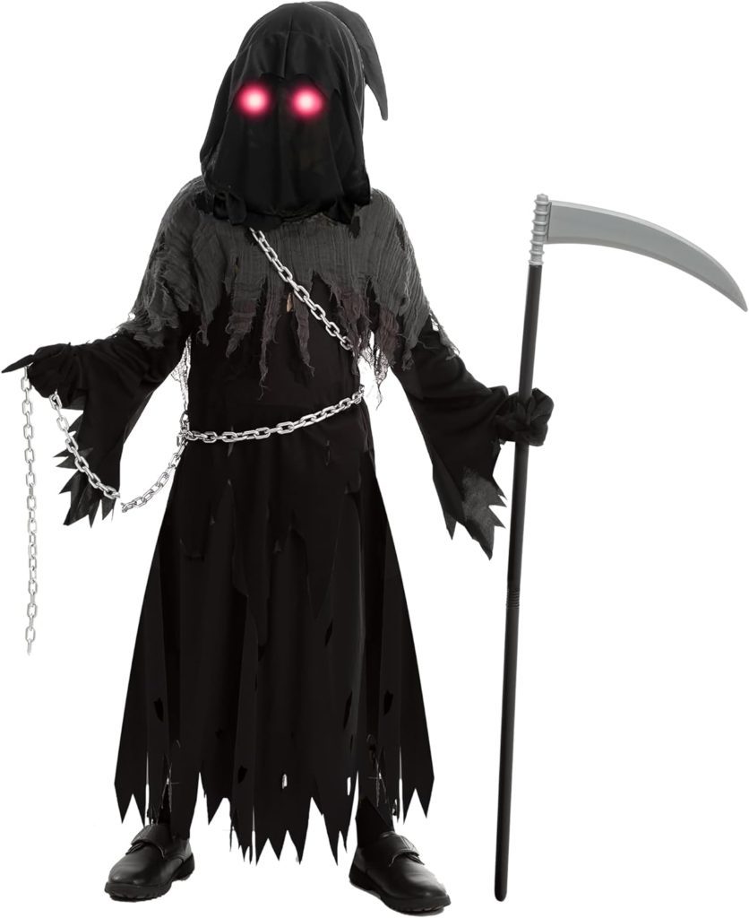 Child Unisex Glowing Eyes Grim Reaper Costume, Phantom Costume for Creepy Phantom Halloween Costume