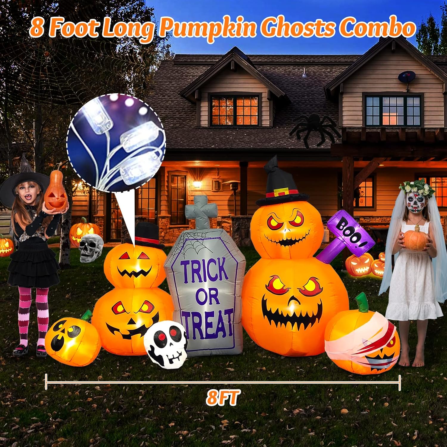 Danxilu 8 FT Long Halloween Inflatables Outdoor Decorations- Blow Up Pumpkin Lanterns with Tombstone Skulls Halloween Yard Decorations Built-in LED Lights Décor for Lawn Garden Holiday Party