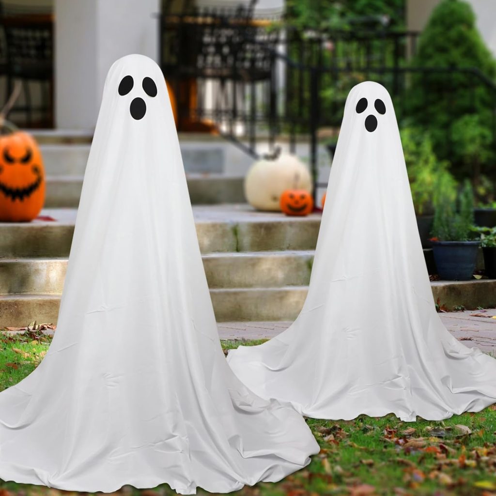 DAZONGE 2 Pack Halloween Decorations Outdoor, Spooky Ghost Halloween Decor with Light Strings Battery Operated, Easy to Assemble Ghost Decorations for Front Porch Yard