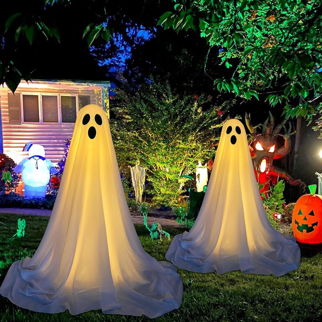 DAZONGE 2 Pack Halloween Decorations Outdoor, Spooky Ghost Halloween Decor with Light Strings Battery Operated, Easy to Assemble Ghost Decorations for Front Porch Yard