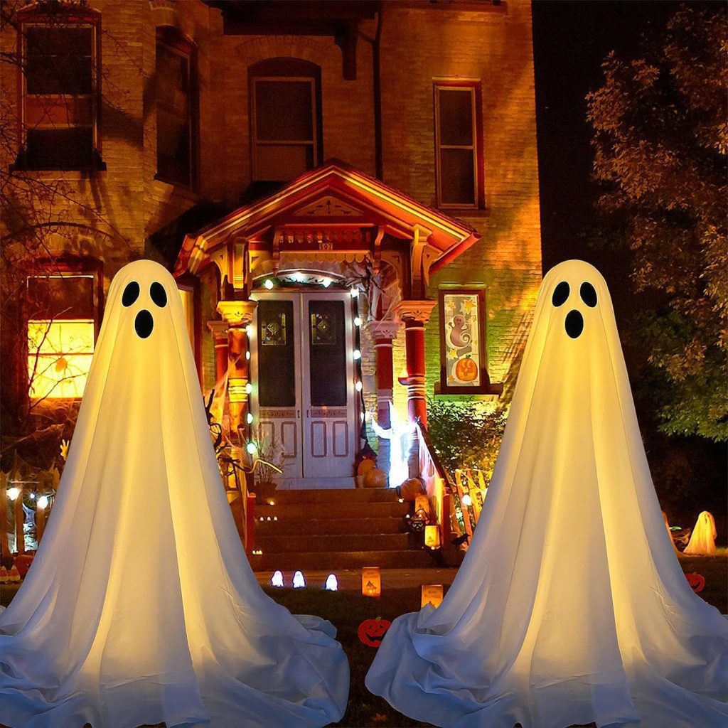 DAZONGE 2 Pack Halloween Decorations Outdoor, Spooky Ghost Halloween Decor with Light Strings Battery Operated, Easy to Assemble Ghost Decorations for Front Porch Yard