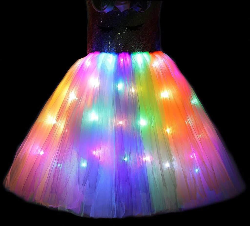 Girls Unicorn Costume LED Light Up Unicorn Princess Tutu Dress for Birthday Party Halloween with Headband Wing