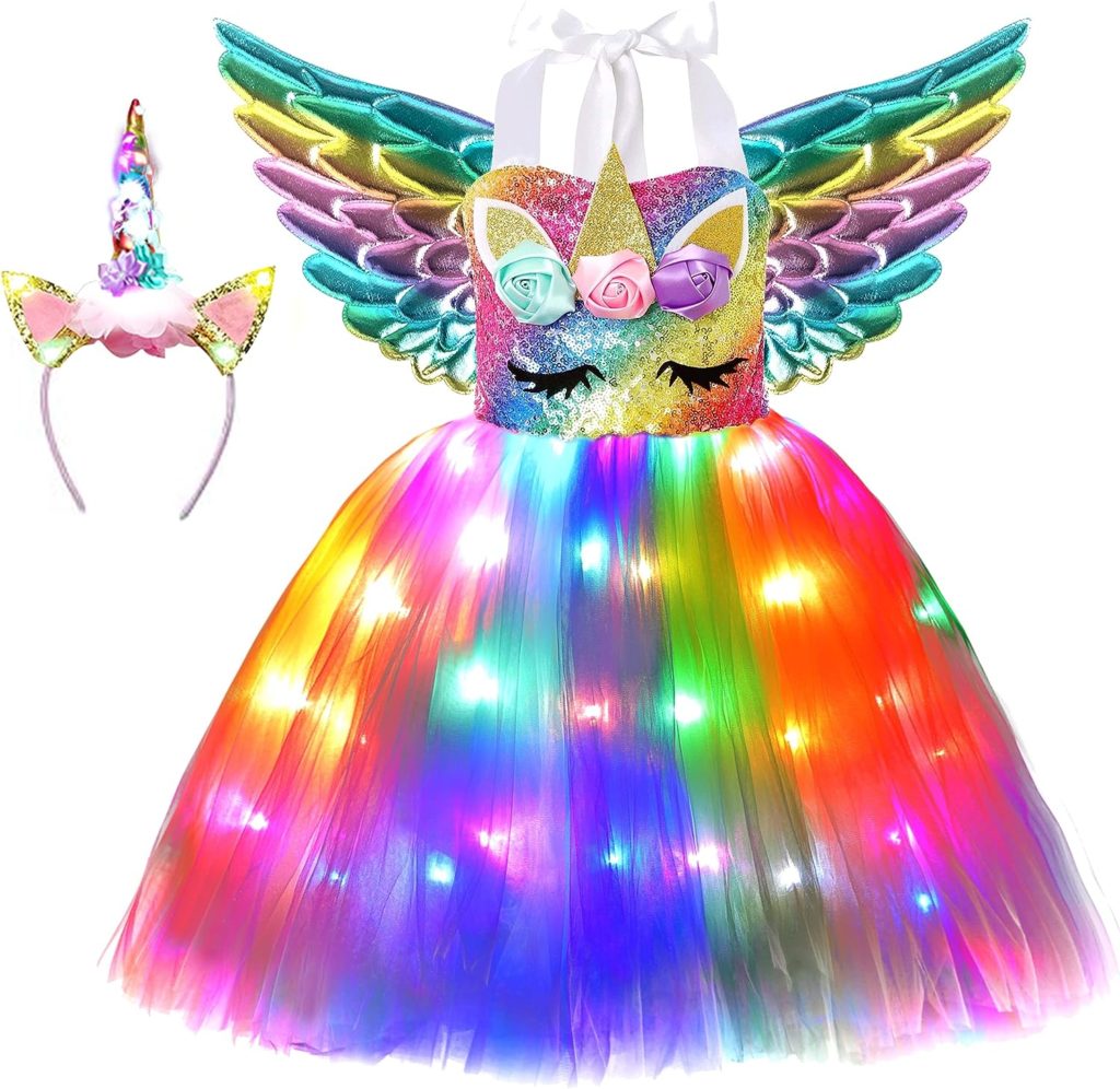 Girls Unicorn Costume LED Light Up Unicorn Princess Tutu Dress for Birthday Party Halloween with Headband Wing