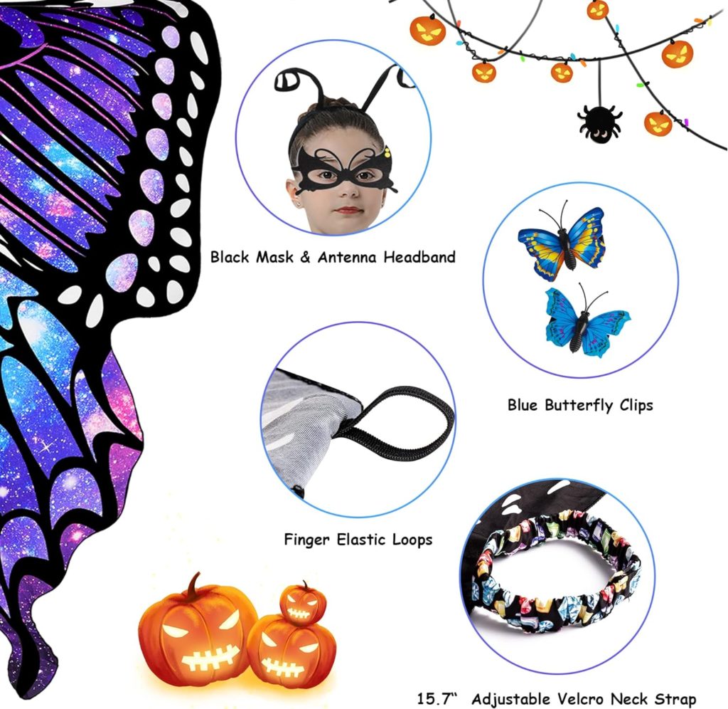 Halloween Butterfly Costume for Women - Girls Kid Adult Wings Cape with Mask and Antenna Headband