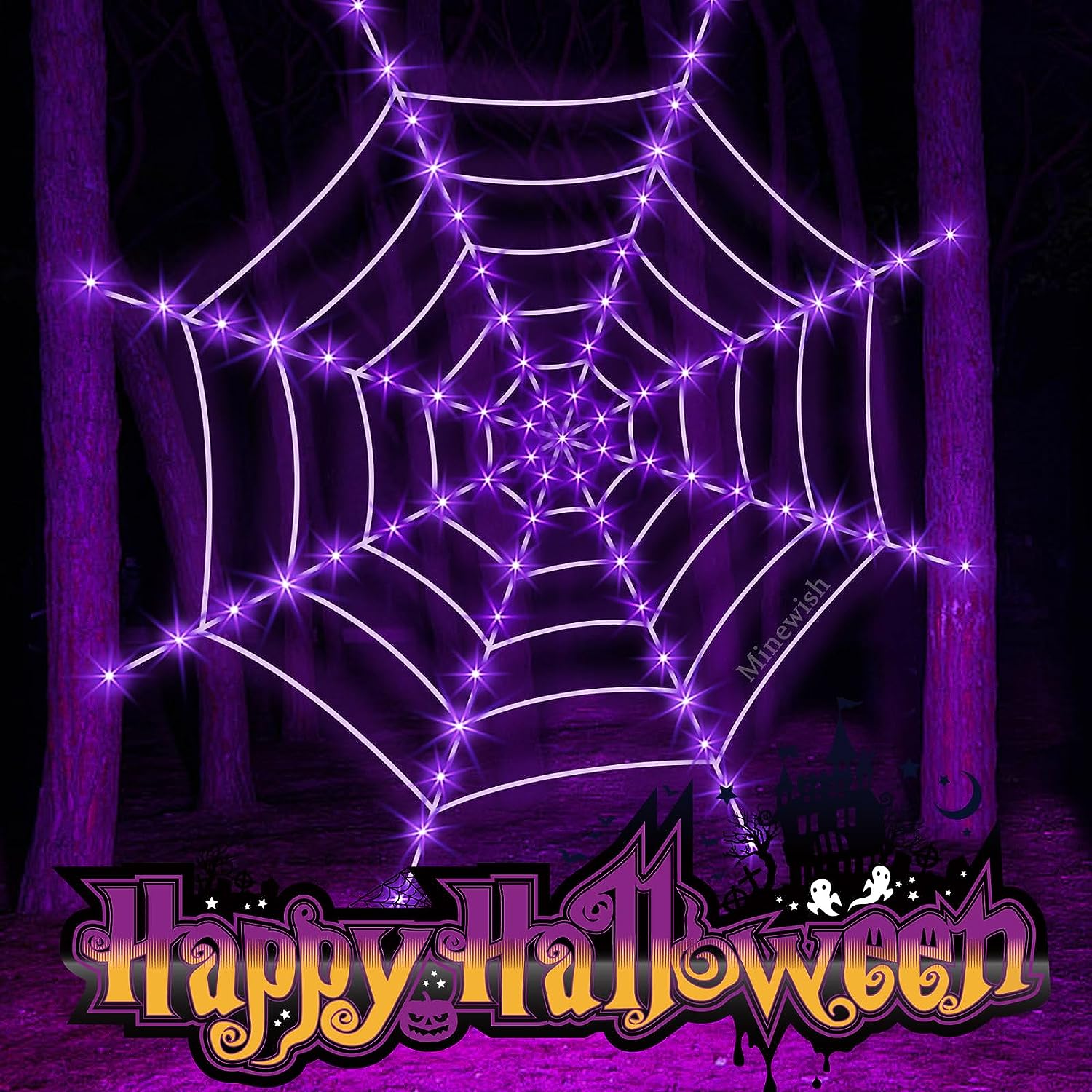 Halloween Decorations Spider Web Lights, 120 Purple LED Light Up 12 FT Giant Spiderweb Large Outdoor Lighted Decor Huge Cobweb String Lights Decorative for Party Indoor Outside House Porch Yard Garden