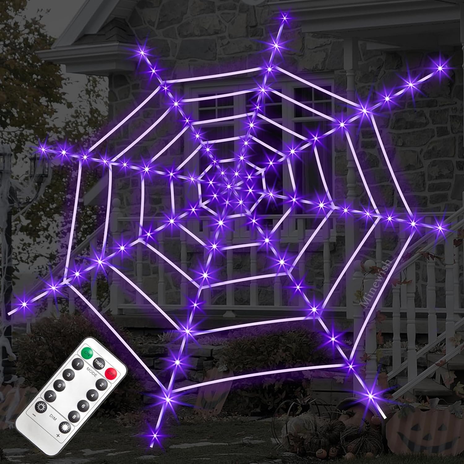 Halloween Decorations Spider Web Lights, 120 Purple LED Light Up 12 FT Giant Spiderweb Large Outdoor Lighted Decor Huge Cobweb String Lights Decorative for Party Indoor Outside House Porch Yard Garden