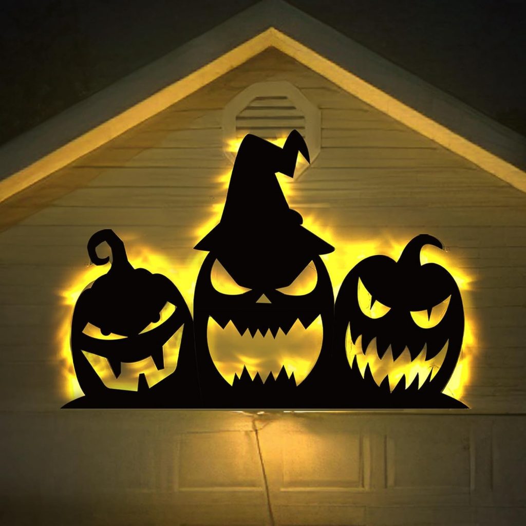 Halloween Garage Door Decorations - Scary Halloween Silhouette with Lights, Black Pumpkin Cutout Set for Outdoor Halloween Garage Door Wall Yard Decor