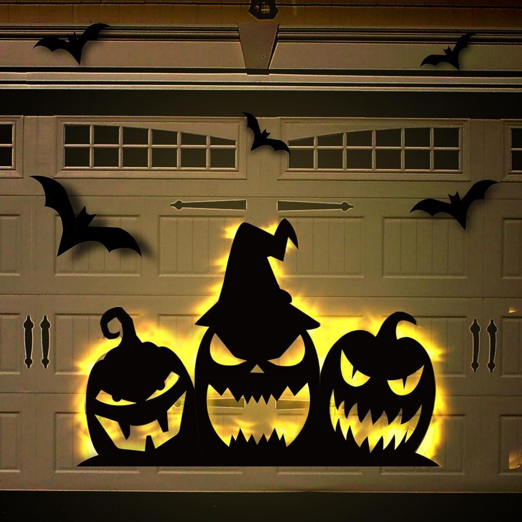 Halloween Garage Door Decorations - Scary Halloween Silhouette with Lights, Black Pumpkin Cutout Set for Outdoor Halloween Garage Door Wall Yard Decor