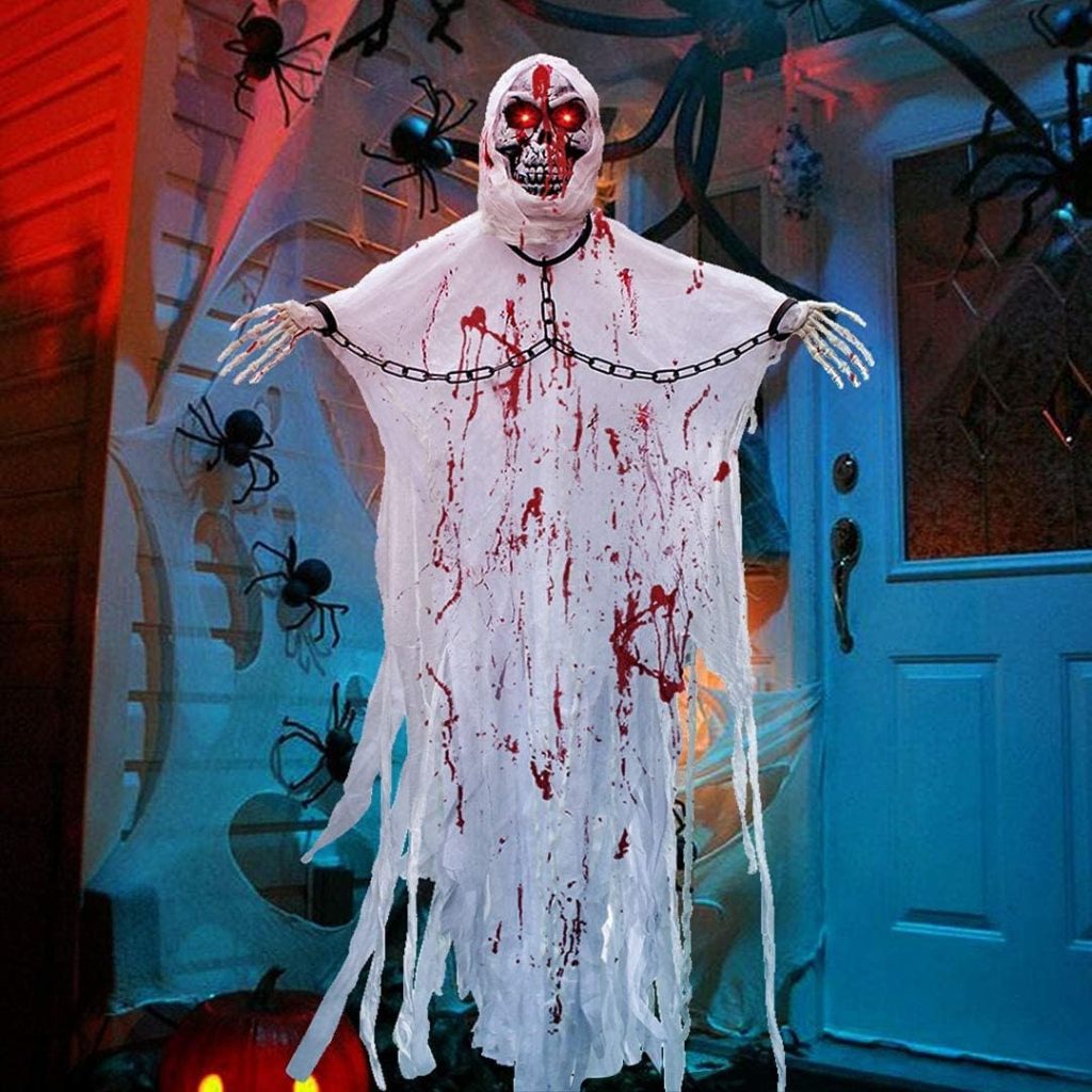 Halloween Hanging Ghost Decorations, 63 Hanging Skeleton Decorations with Glowing Eyes  Creepy Sounds Halloween Haunted House Props Scary Decor Hanging Animatronics Prop for Party Indoor/Outdoor