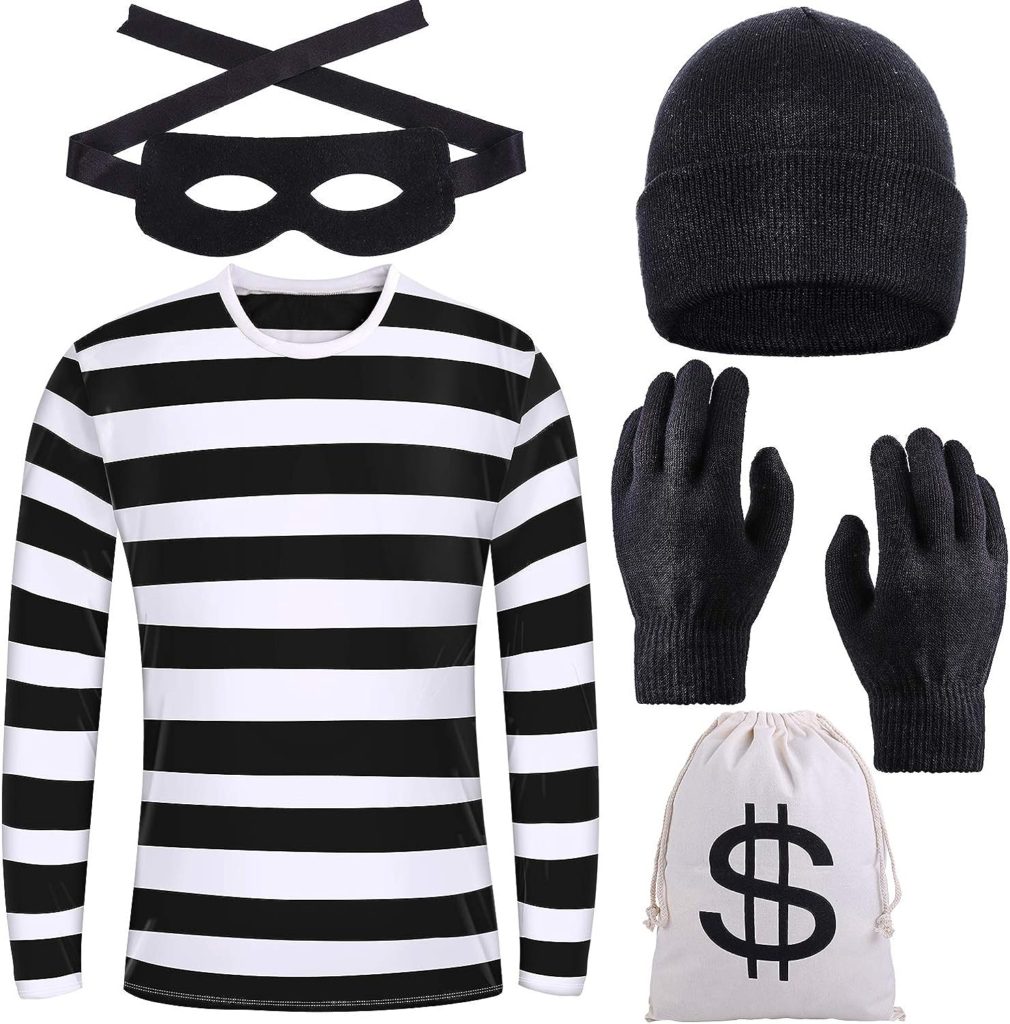 Halloween Robber Costume Set, Include Striped Long Sleeve T-Shirt Knit Cap Gloves Canvas Bags and Eye Mask