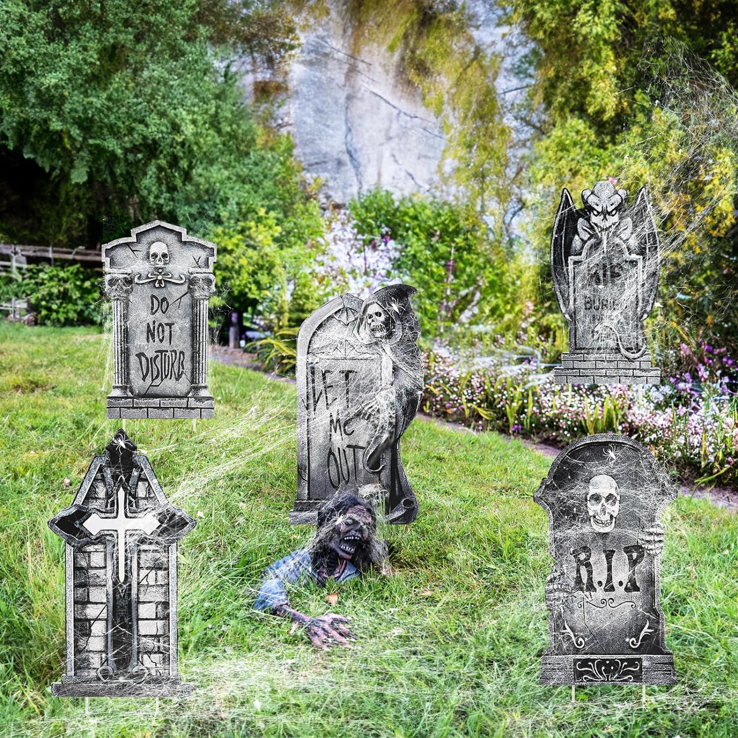 Halloween Tombstone Yard Signs Decorations,RIP Graveyard Headstone Decor for Halloween Party, 5 pack Gravestone Props with Stakes for Outdoor and Indoor Yard Lawn Decorations