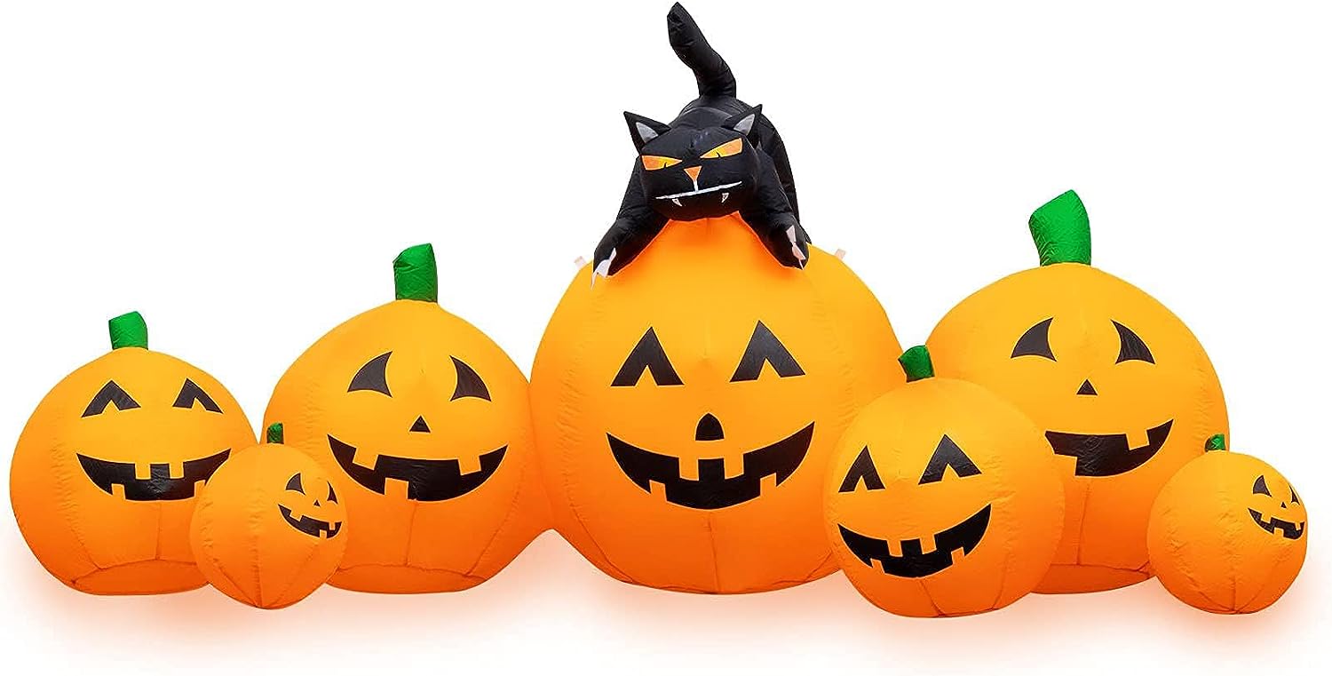 HBlife 8 FT Halloween Inflatables Outdoor Decorations Pumpkin, Animated Witchs Cat Blow Up Pumpkin with Build-in LEDs, Inflatable Decoration for Front Yard, Porch, Lawn and Halloween Party