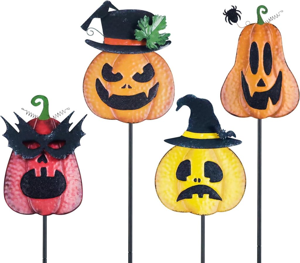 hogardeck Halloween Decorations Outdoor, 4PCS Metal Pumpkin Garden Stakes with Witchs Hat Crow Halloween Decorations for Home, Jack O Lantern Metal Yard Signs for Garden Lawn Patio Halloween Decor