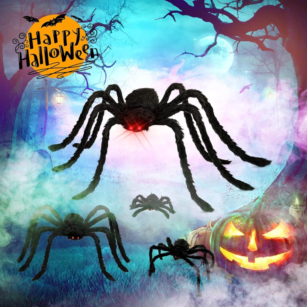 HOPOCO Halloween Plush Spiders Set (6 pcs Red Eyes Spider (47,35,30,24,20,12) Sizes, Scary Fake Spider for Indoor Outdoor Halloween Decor for Home Party Yard Haunted House Decorations