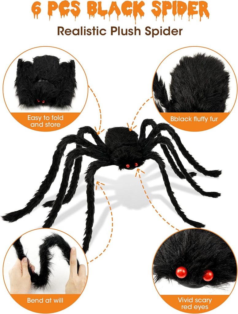 HOPOCO Halloween Plush Spiders Set (6 pcs Red Eyes Spider (47,35,30,24,20,12) Sizes, Scary Fake Spider for Indoor Outdoor Halloween Decor for Home Party Yard Haunted House Decorations