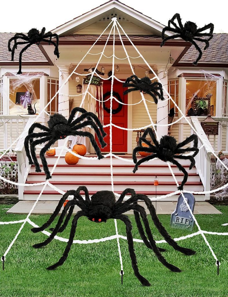 HOPOCO Halloween Plush Spiders Set (6 pcs Red Eyes Spider (47,35,30,24,20,12) Sizes, Scary Fake Spider for Indoor Outdoor Halloween Decor for Home Party Yard Haunted House Decorations