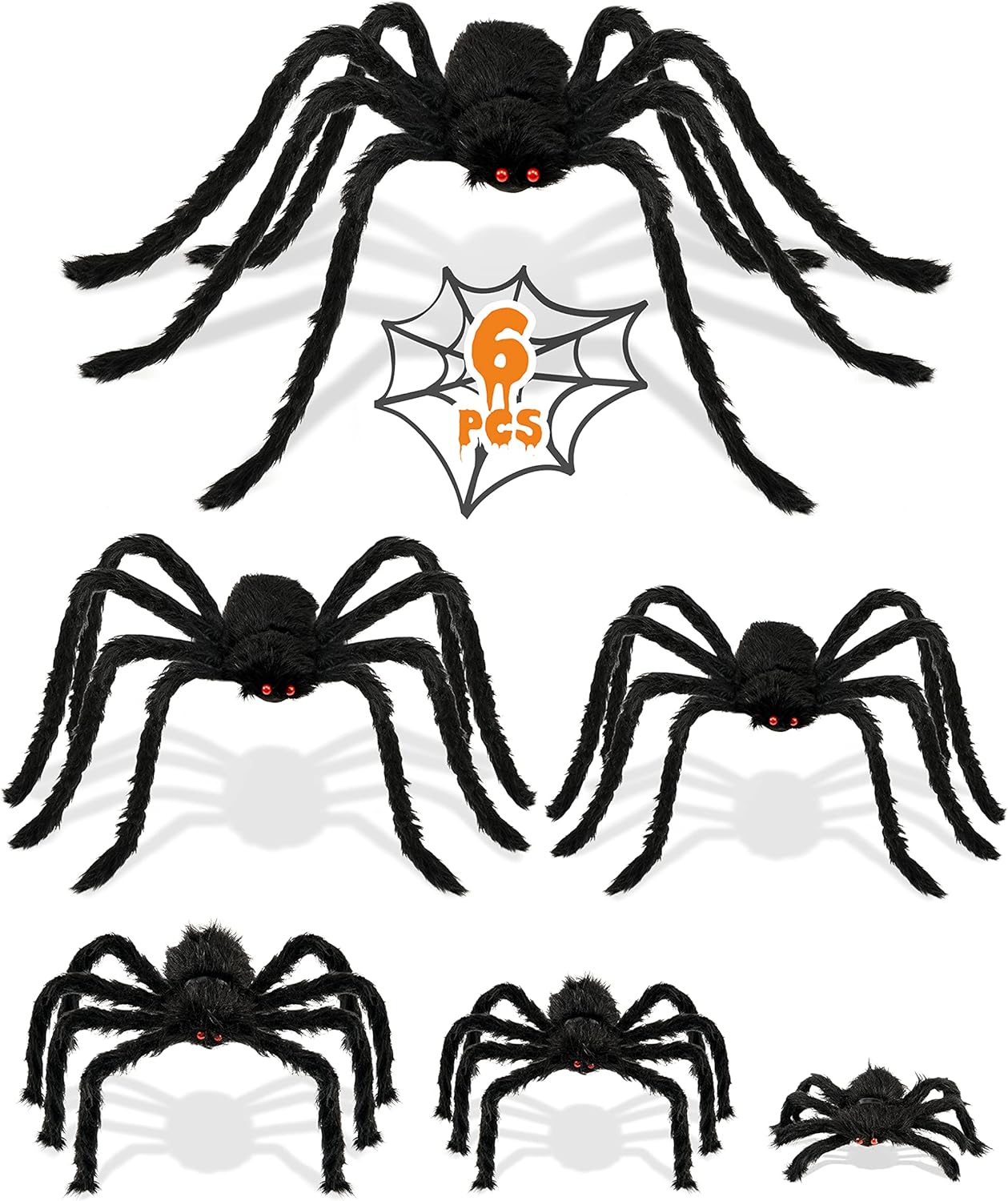 HOPOCO Halloween Plush Spiders Set (6 pcs Red Eyes Spider (47,35,30,24,20,12) Sizes, Scary Fake Spider for Indoor Outdoor Halloween Decor for Home Party Yard Haunted House Decorations