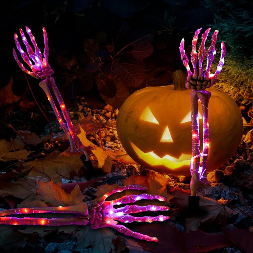 Hourleey Halloween Decoration, Lighted Skeleton Arm Stake, Scary Realistic Hands Bone Waterproof Battery Operated, Indoor Outdoor Halloween Ornament, 4 PCS