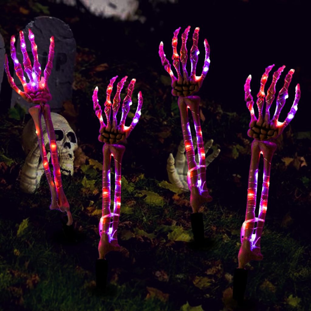 Hourleey Halloween Decoration, Lighted Skeleton Arm Stake, Scary Realistic Hands Bone Waterproof Battery Operated, Indoor Outdoor Halloween Ornament, 4 PCS