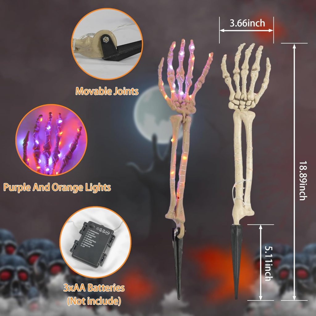 Hourleey Halloween Decoration, Lighted Skeleton Arm Stake, Scary Realistic Hands Bone Waterproof Battery Operated, Indoor Outdoor Halloween Ornament, 4 PCS