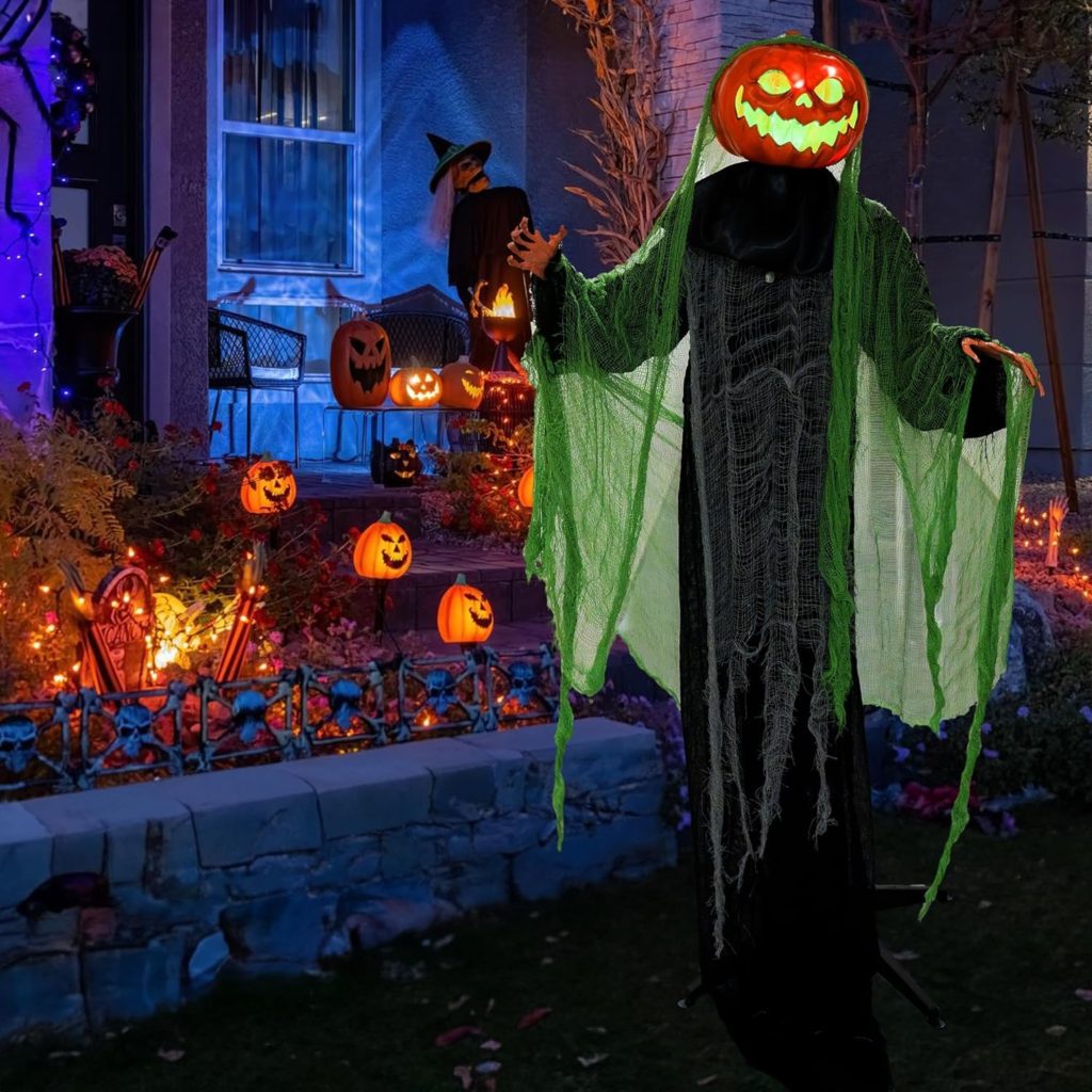 Hourleey Halloween Decorations Outdoor, 6 FT Light Up Ghost Pumpkin with Sound Activation, Animated Pumpkin Decorations for Yard Party Porch Haunted House Prop Decor