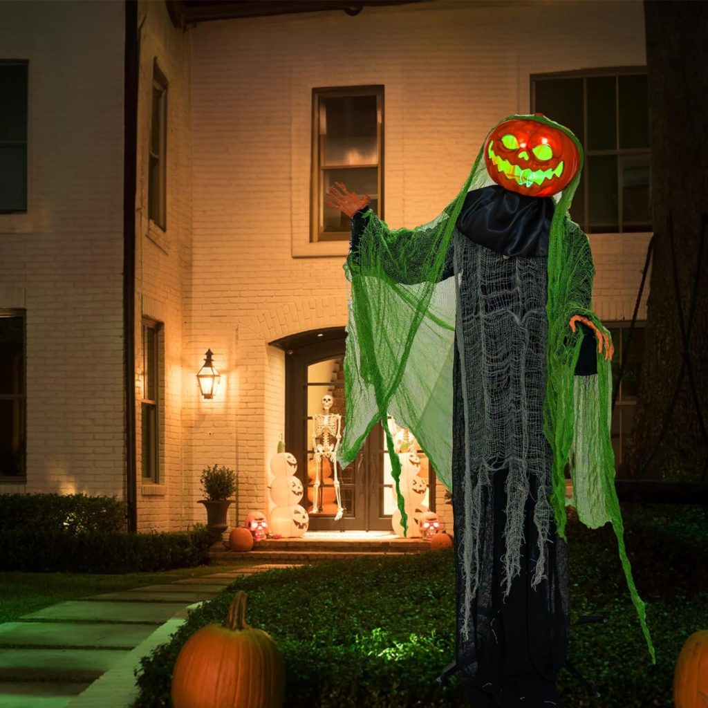 Hourleey Halloween Decorations Outdoor, 6 FT Light Up Ghost Pumpkin with Sound Activation, Animated Pumpkin Decorations for Yard Party Porch Haunted House Prop Decor