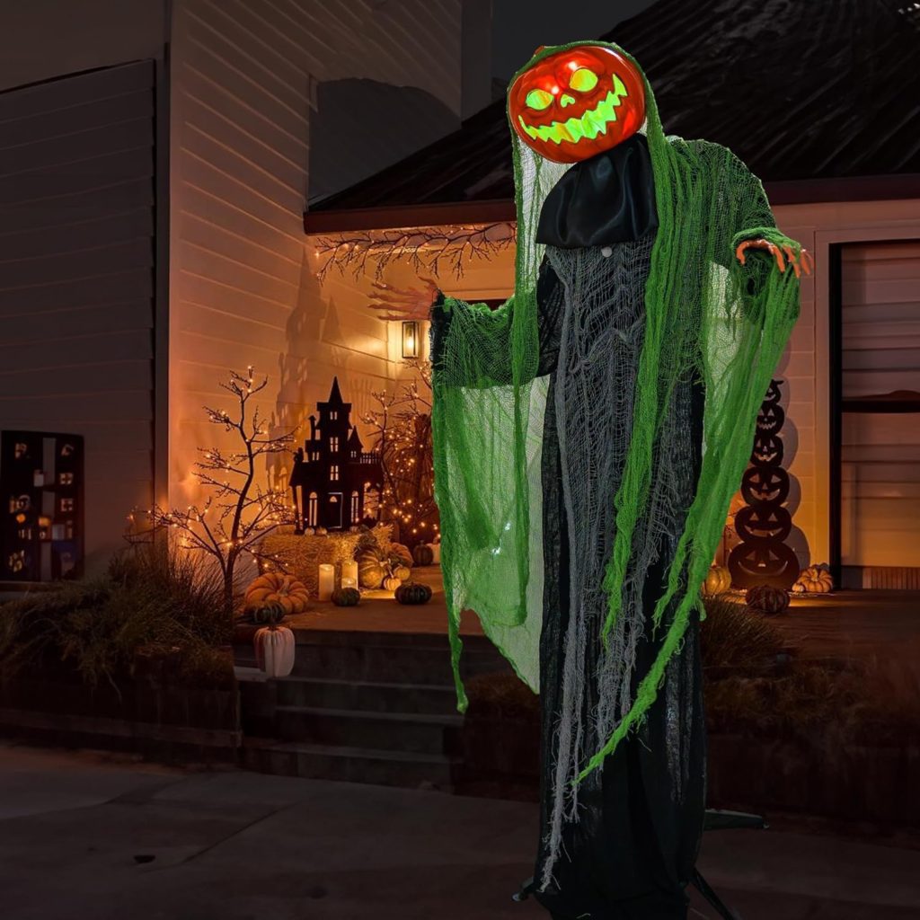 Hourleey Halloween Decorations Outdoor, 6 FT Light Up Ghost Pumpkin with Sound Activation, Animated Pumpkin Decorations for Yard Party Porch Haunted House Prop Decor