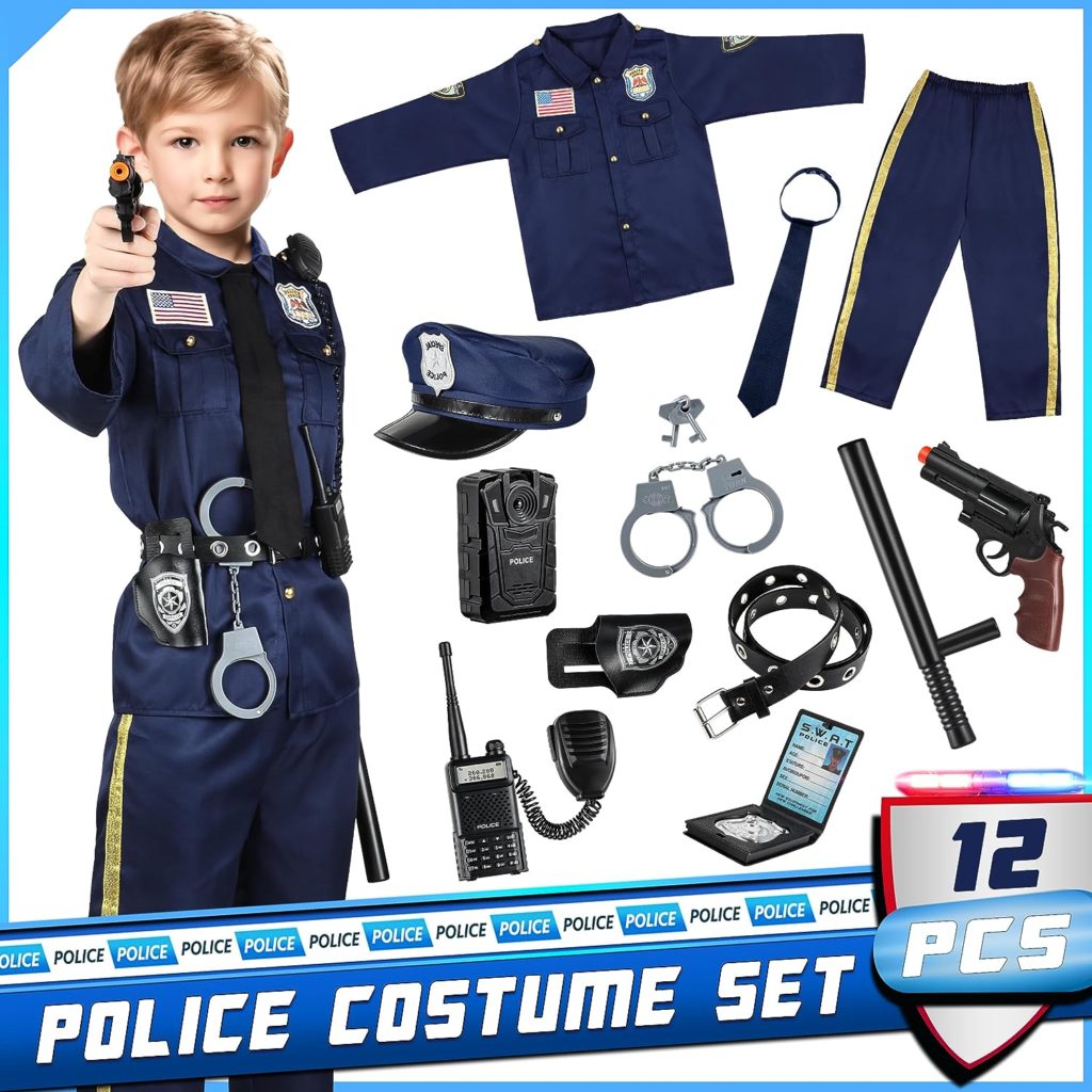 Joycover Police Officer Costume for Kids - Deluxe Police Costume for Kids with Accessories, Kids Halloween Costumes for Boys Girls, Cop Costume Role Play Kit for Halloween Career Day-S