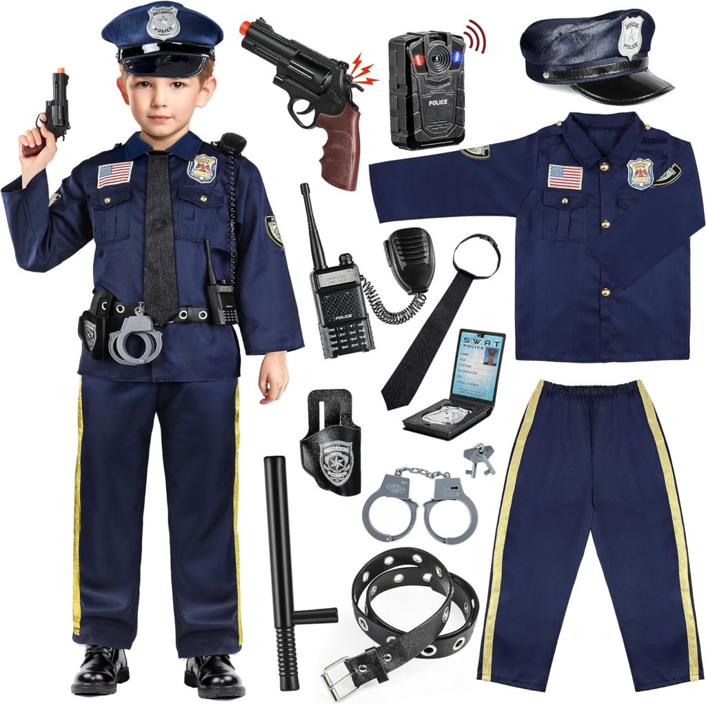 Joycover Police Officer Costume for Kids - Deluxe Police Costume for Kids with Accessories, Kids Halloween Costumes for Boys Girls, Cop Costume Role Play Kit for Halloween Career Day-S