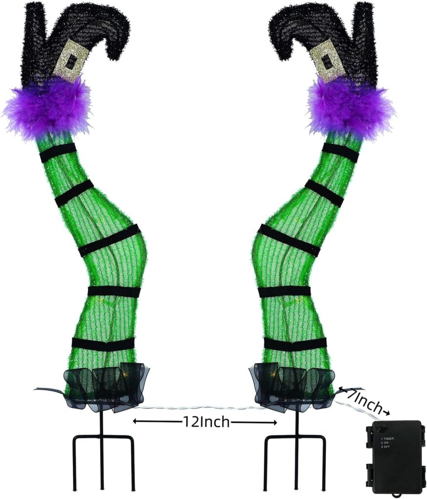 Juegoal Set of 2 Halloween Lighted Wicked Witch Legs with Stakes, Light Up Tinsel Witch Prop, Halloween Yard Signs with Timer  Waterproof Battery Operated for Outdoor Party Haunted House Garden Decor